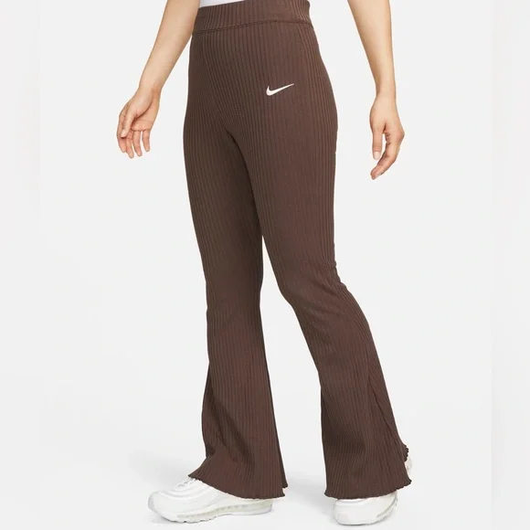 Nike Sportswear High-Waisted Ribbed Flare Pants Brown Size Medium - Picture 1 of 5